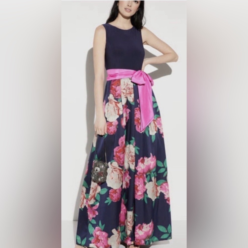 Eliza J Navy Maxi Dress with Pink Floral Skirt